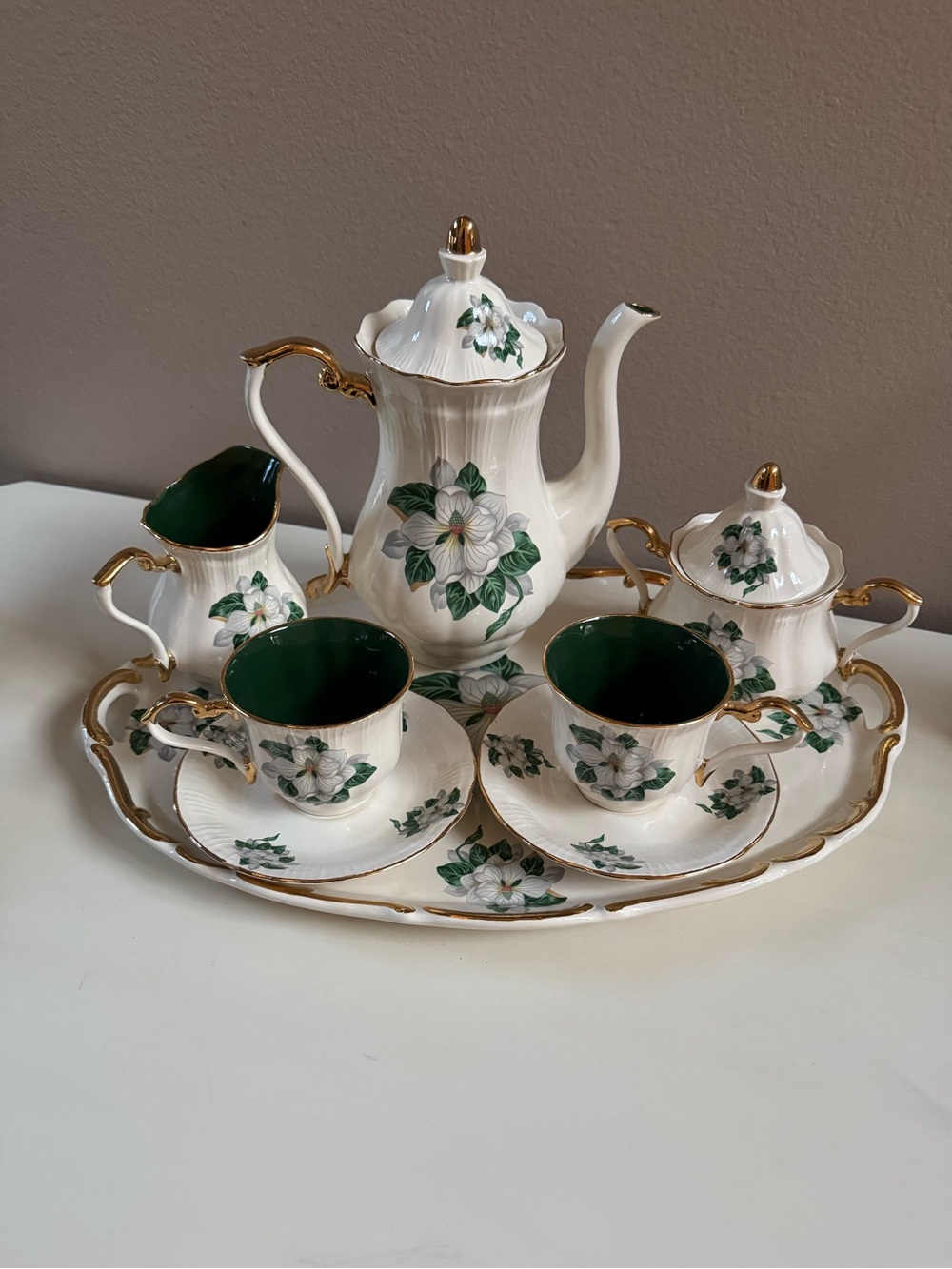 White Porcelain Magnolia Floral Tea Set w/ Green Interior and Gold Trim vintage
